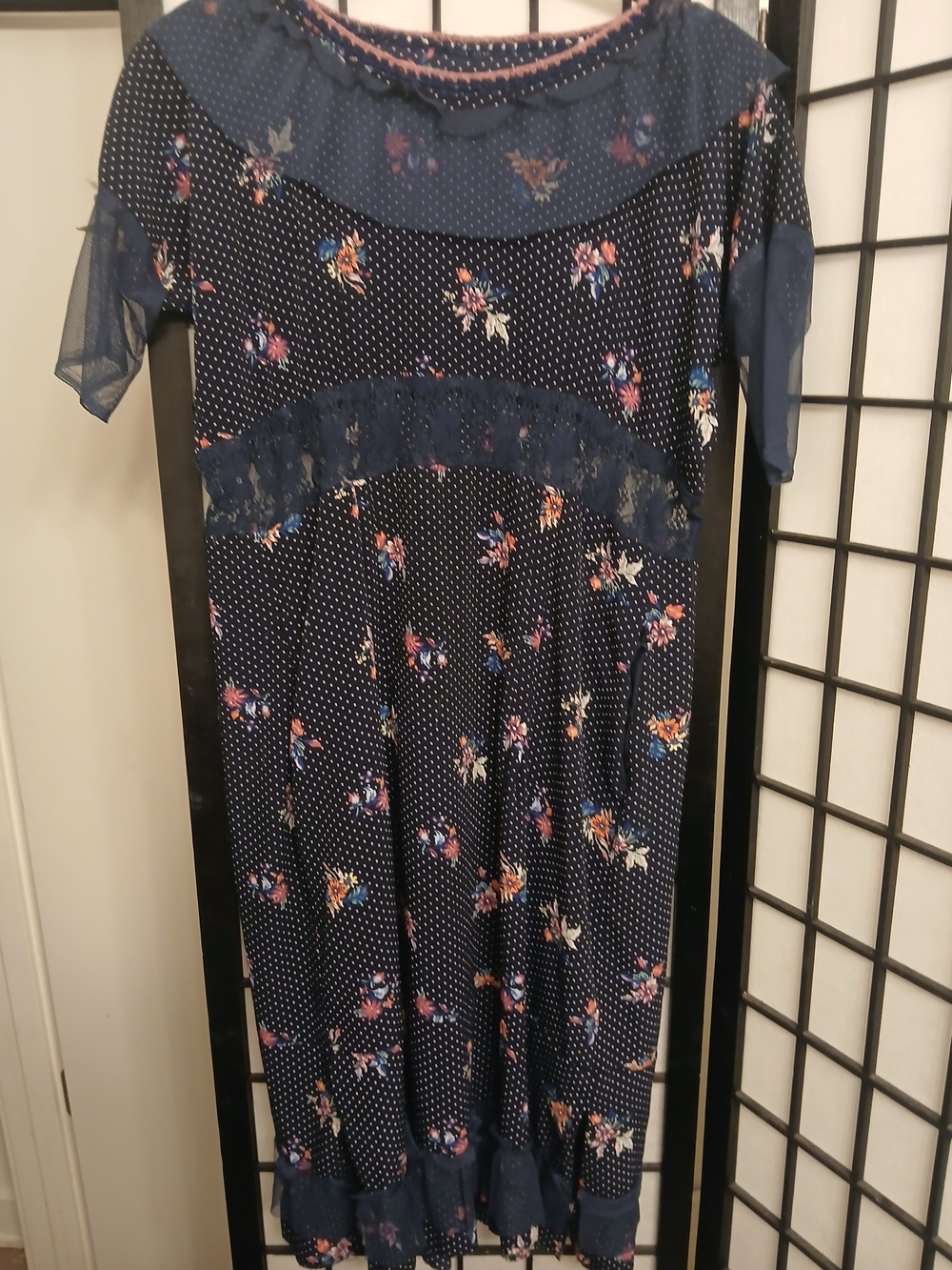 Girls' Navy Floral Dot Mesh Accent Dress